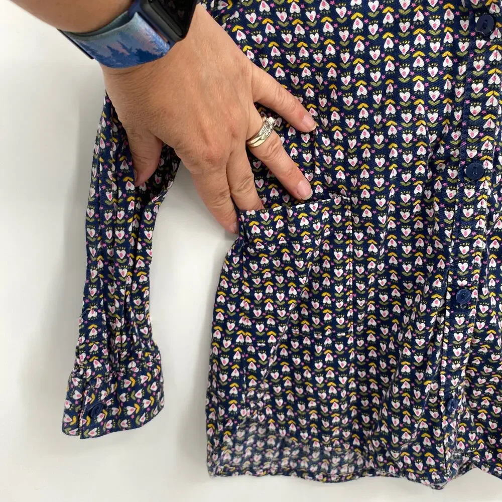 Carters Girls Heart Print Button Front Long Sleeve Shirt Blue Size 6-6X